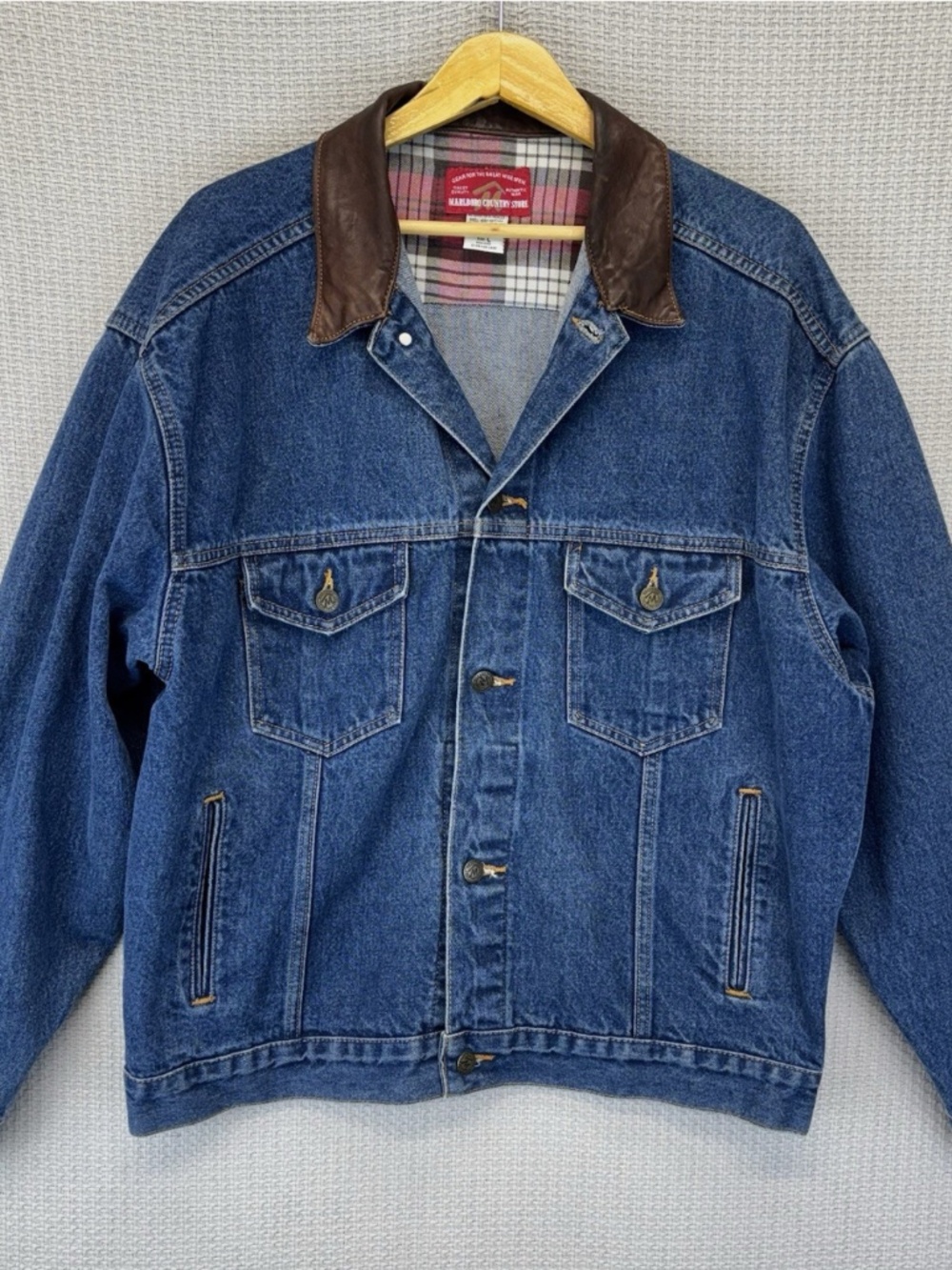 Vintage 90s Marlboro Country Store Denim Jean Jacket Leather Collar Mens Large